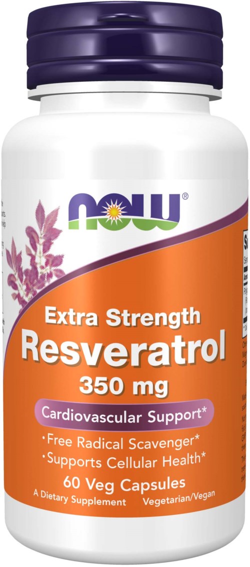En vit flaska märkt Now Resveratrol 350 mg, med orange och lila detaljer, som påstår sig stödja hjärthälsa.
