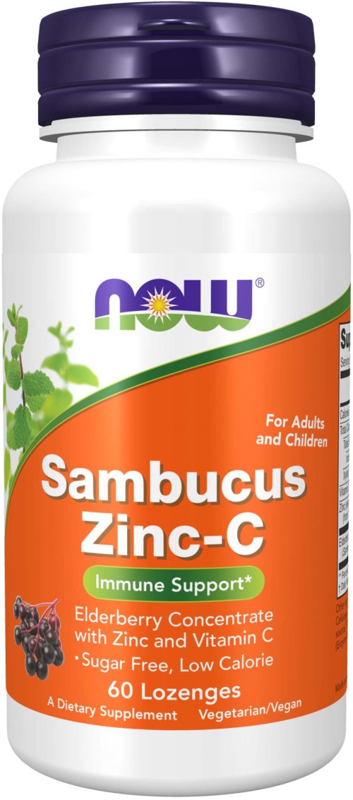 A white bottle with a purple cap holds Sambucus Zinc-C supplements, supporting immunity with elderberry, zinc, and vitamin C.