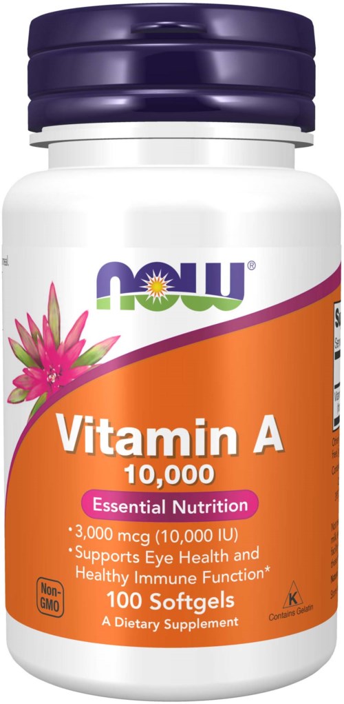 En hvid flaske med lilla låg, mærket 'Vitamin A,' indeholder 100 bløde gelégener til øjen- og immunhelse.
