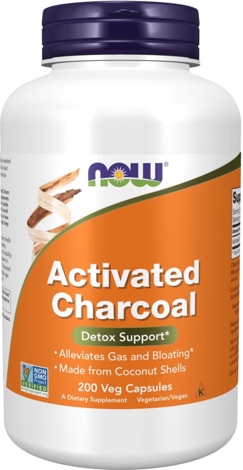 A white bottle with a purple lid, labeled 'Activated Charcoal' in orange and white text, supporting detox and digestion.