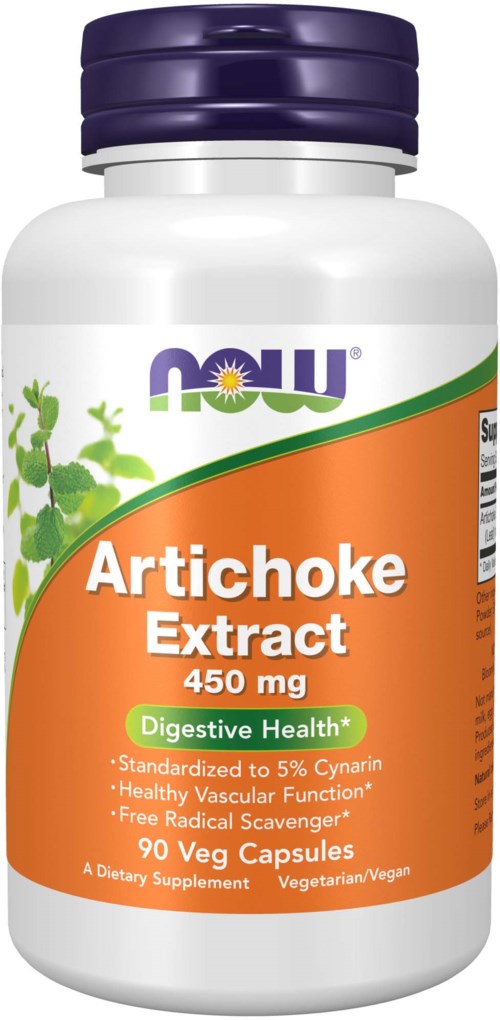 Flaske med Now Artichoke Extract, 450 mg, med grønn og oransje etikett, inneholder 90 vegetabilske kapsler.