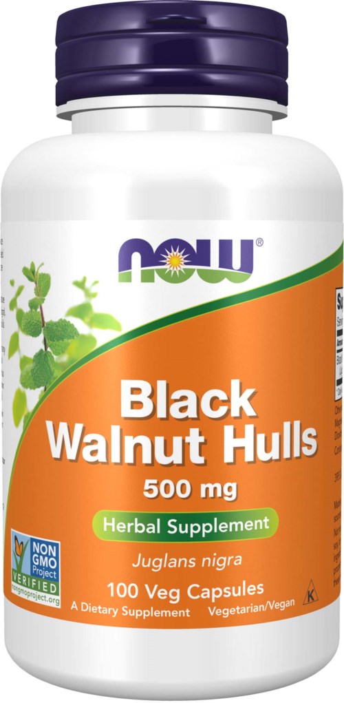 Vitaminpiller med etikett 'Black Walnut Hulls 500 mg, växtbaserade, vegetariska kapslar, GMO-fri, vegetarian/vegan.