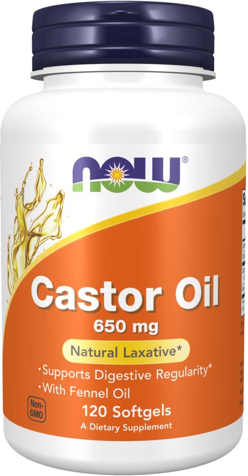 A white bottle with a blue lid. Label says Now Castor Oil 650 mg, supports digestion, with fennel oil, 120 softgels.