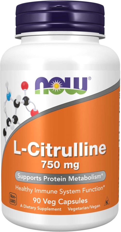 En hvid flaske med lilla låg indeholder L-Citrulline-kapsler, der støtter proteinsnedbrydning og immunsystem, mærket som vegetarisk/vegan.