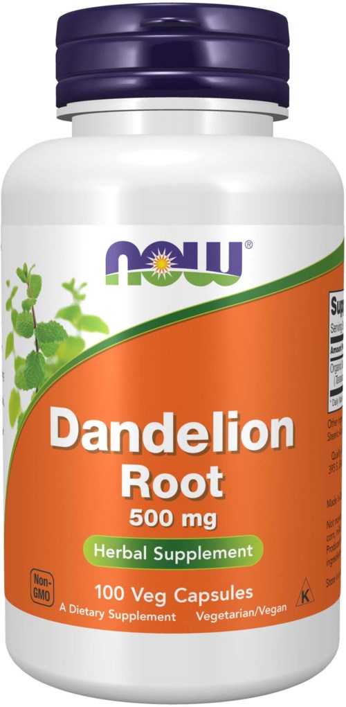 Bottle of herbal supplement capsules labeled Dandelion Root with 100 vegan capsules.