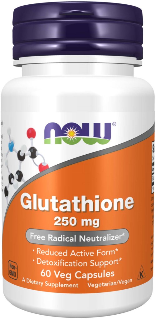 Flaska med Glutathione 250 mg kapslar, orange etikett, innehåller 60 vegetariska kapslar, stöder avgiftning och antioxidant hälsa.