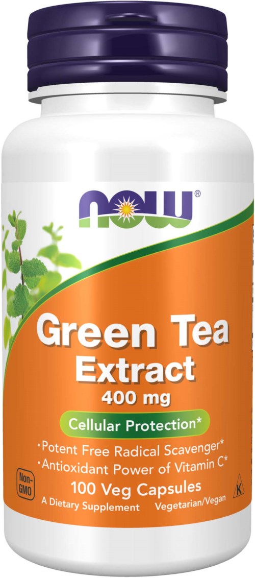 En vit flaska med lila lock, märkt 'Green Tea Extract 400 mg,' innehållande veganska kapslar för hälsoskydd.