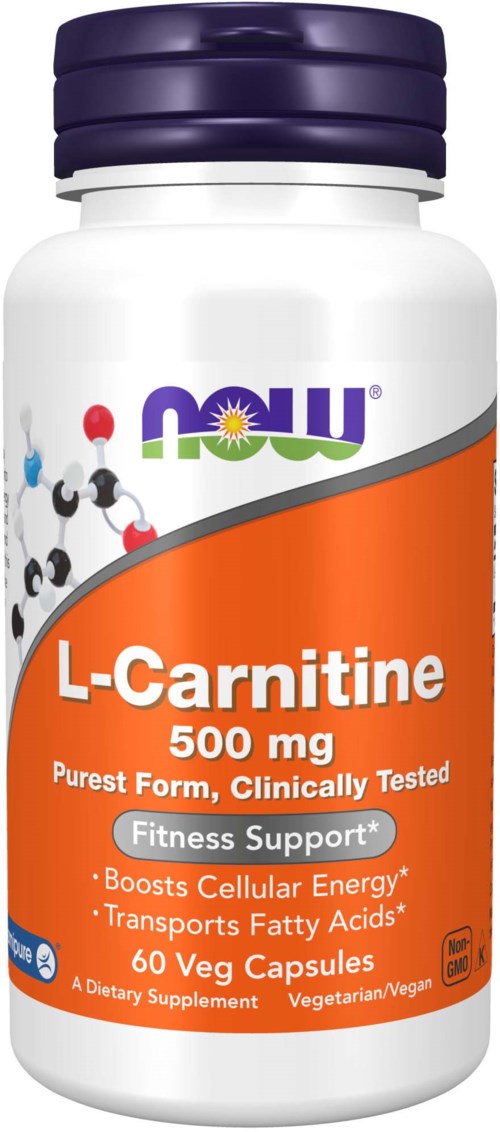 En vit flaska med lila lock, märkt "L-Carnitine 500 mg", med orange och vita sektioner, och ett fitness-tema.