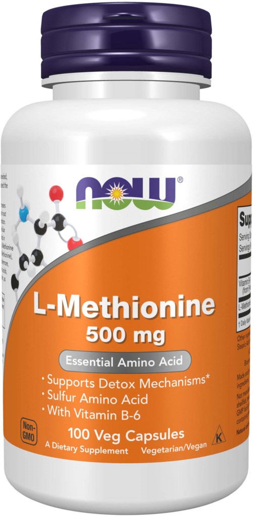 En hvit flaske med lilla lokk, merket som L-Methionine 500 mg, inneholder 100 vegansk kapsler for helsestøtte.