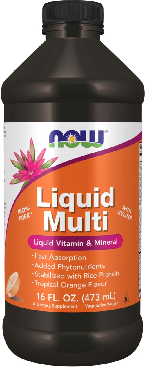 En flaske flydende multivitamin- og mineraltilskud med tropisk appelsinsmag, hurtig absorption og tilsat phytonutrients.