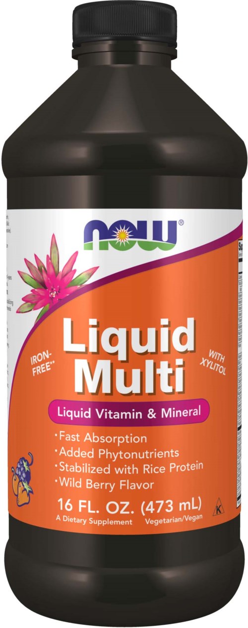 A black plastic bottle contains Now Liquid Multi, a vitamin and mineral supplement with wild berry flavor. The label is orange and white.