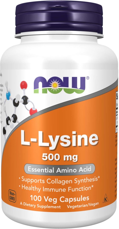 En kosttillskottsflaska märkt 'NOW L-Lysine 500 mg' med en lila lock, som framhäver stöd för kollagen och immunhälsa.
