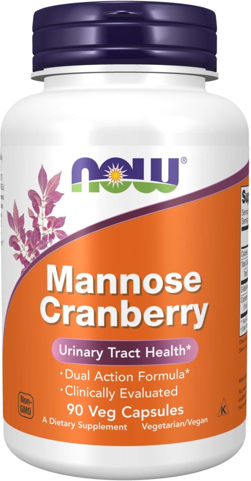A bottle of NOW Mannose Cranberry dietary supplement, with purple cap, white and orange label, and images of plants.