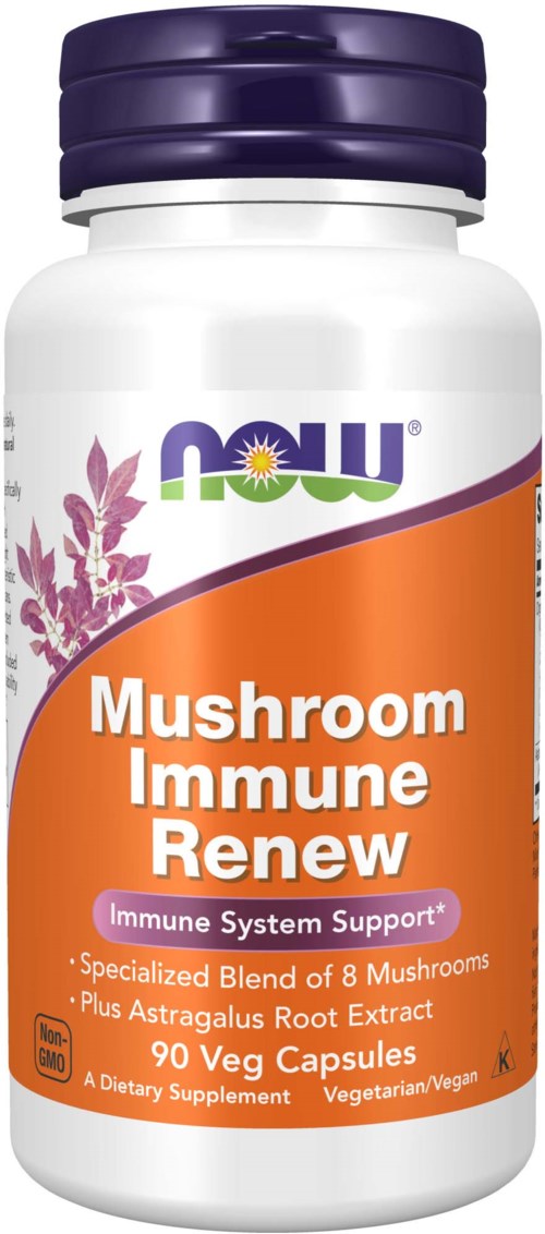 A white bottle with purple cap, labeled 'Mushroom Immune Renew' for immune support, contains 90 vegetarian capsules.