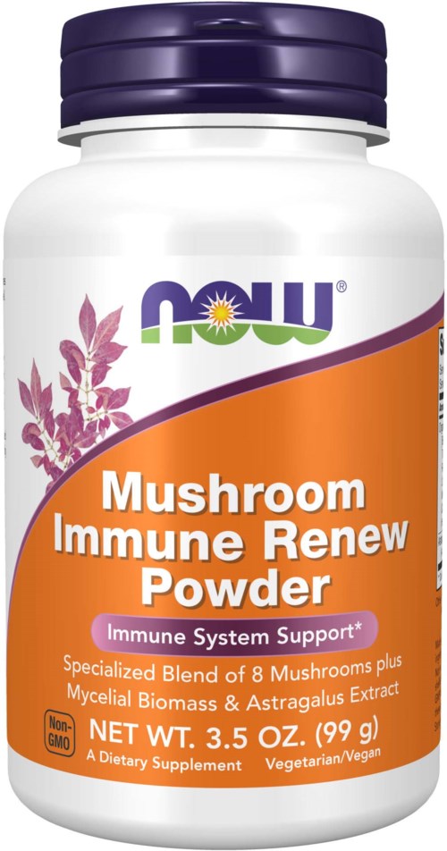 En flaske merket 'Mushroom Immune Renew Powder' med lilla kork, oransje etikett, bilder av sopp og planter, kosttilskudd.
