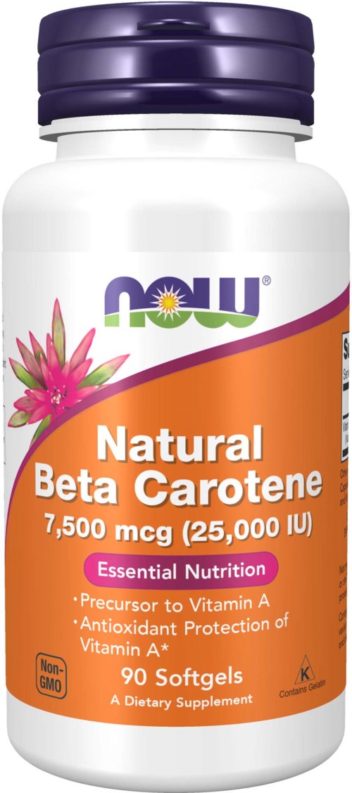 Bægre med NOW naturlig beta-caroten i en hvid beholder med lilla låg.