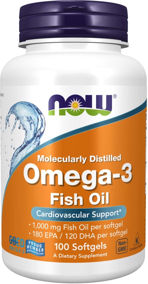 En hvid flaske med lilla lås, mærket 'Omega-3 Fish Oil' for hjertesundhed, indeholder 100 bløde kapsler med fiskeolie.