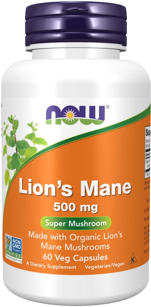 Vitaminpreparatsflaska märkning 'Lion's Mane 500 mg för super svamp, 60 veganska kapslar, ekologisk, icke-GMO.'