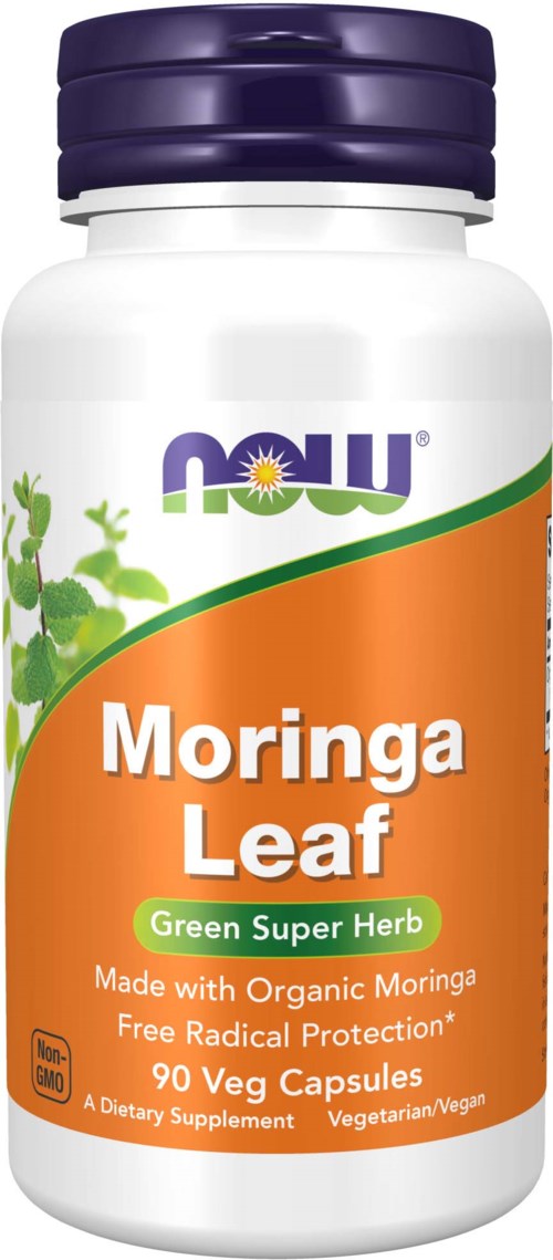 A bottle of Now Moringa Leaf capsules, with green leaves on the label, orange and white color scheme, and purple cap.