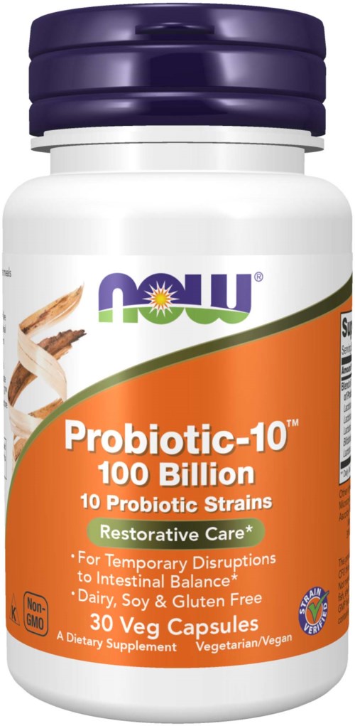 Probiotika supplement med 10 stammer, 100 milliarder CFU, i vegetariske kapsler, for fordøyelsess helse og balanse.