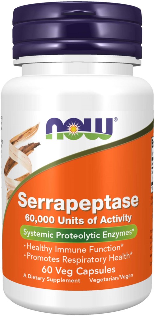 Kapselipullo nimeltä Serrapeptase, joka tukee immuunijärjestelmää ja hengitysterveyttä.