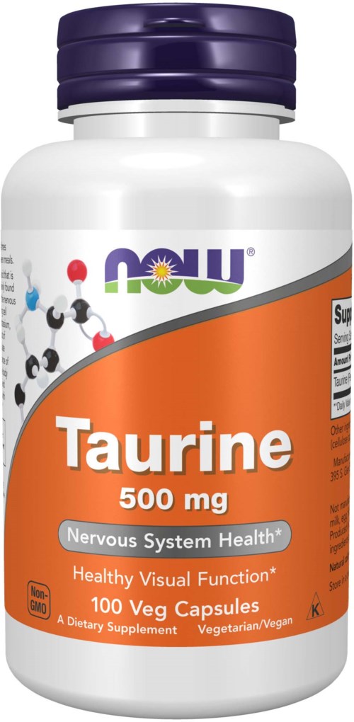 En vit flaska med lila lock, märkt 'Taurine 500 mg' och nämner stöd för nerv- och synhälsa.
