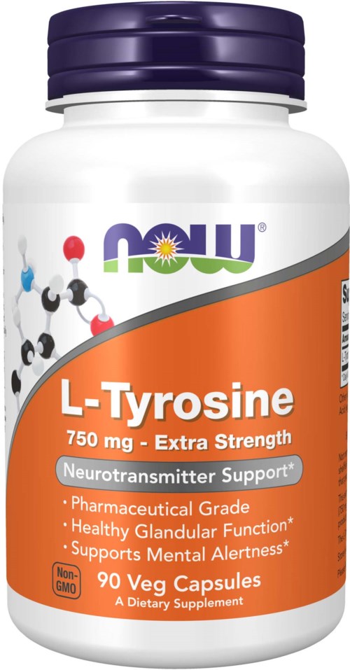 En hvit flaske med lilla lokk, merket 'L-Tyrosine, 750 mg, Extra Strength, støtter nevrotransmitter, mental skarphet.