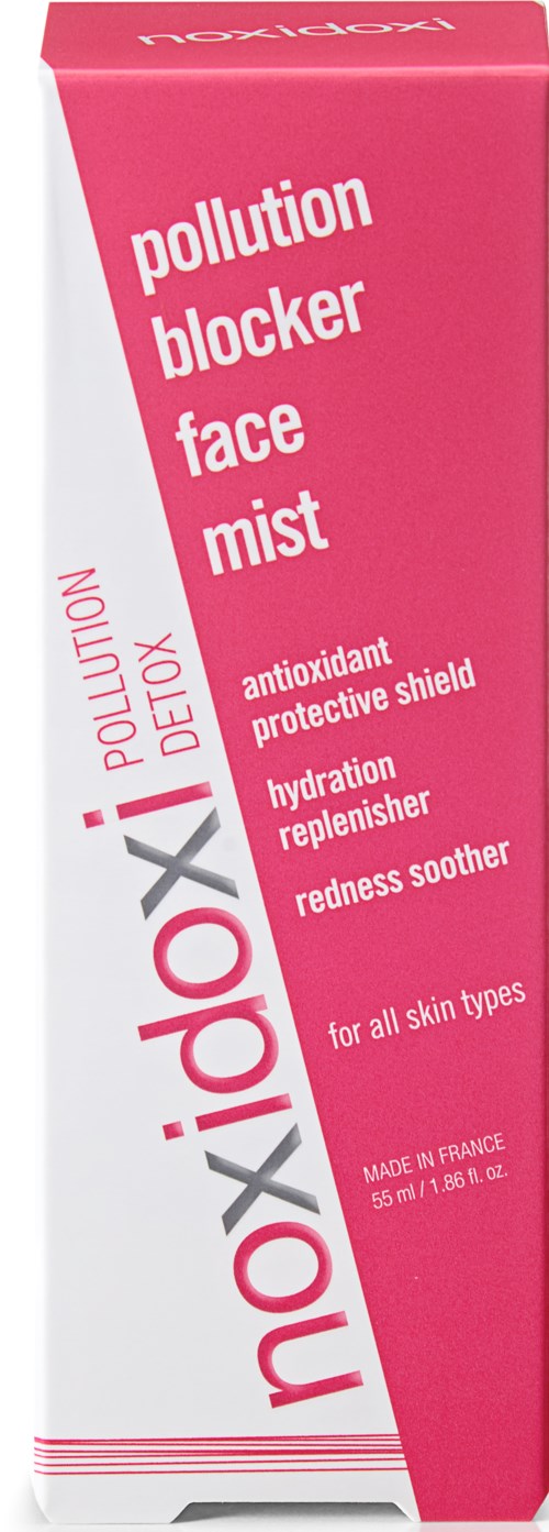 En lång rosa låda med vit och grå text som beskriver en ansiktsmist för skydd mot föroreningar och huden.