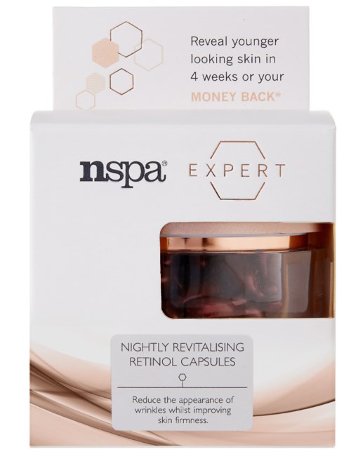 En låda med vitaliserande retinolkapslar från nspa Expert, avsedda att förbättra hudens fasthet och minska rynkor.