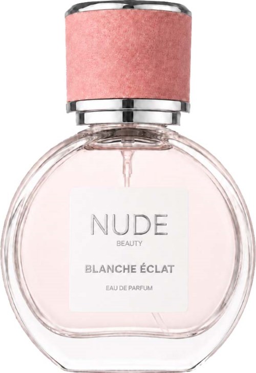 Nude Beauty Blanche Éclat Parfümflasche mit pinkem Deckel und klarem Glas, das den Duft zeigt.