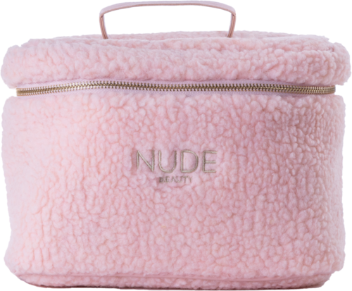 Pehmeä, vaaleanpunainen, pörröinen laukku, jossa vetoketju ja kahva, merkki "NUDE."