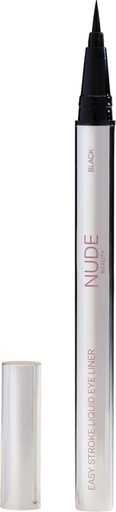 En hvit penn med svart spiss og lokk, merket 'NUDE' og 'EASY STROKE LINER'.