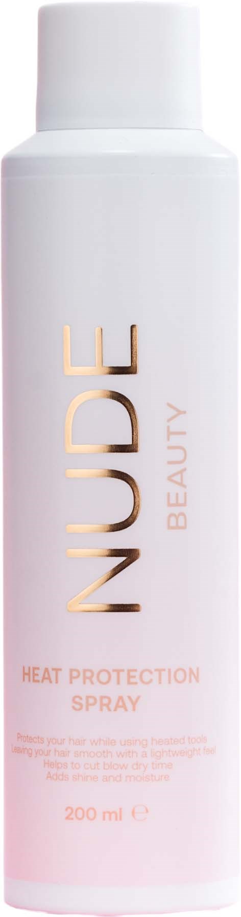 En hvit sprayflaske merket 'NUDE BEAUTY' med 'Heat Protection Spray' skrevet på, inneholder 200 ml.