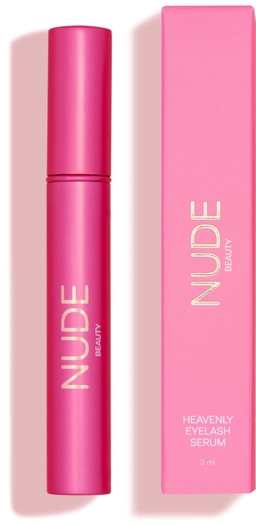 Pink tube and box labeled "NUDE BEAUTY" for eyelash serum. Simple and stylish design.