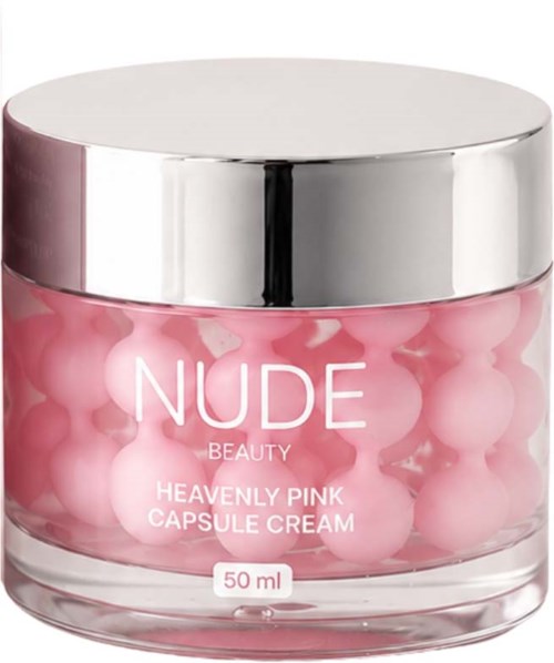 Pink kapselkreme i glasskrukke med sølvlokk, merket Heavenly Pink Capsule Cream.