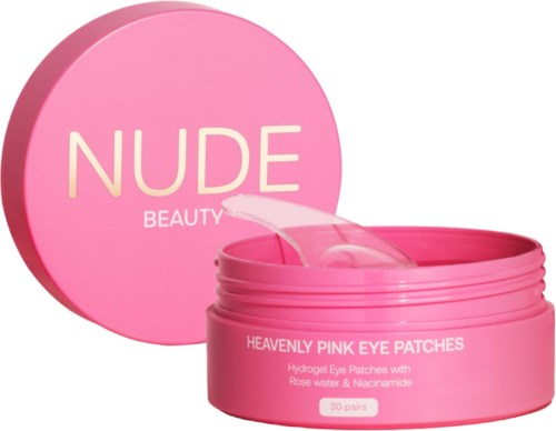 Ruusukultainen pyöreä rasia kannella. Sisältää silmänalusiiltoja ja teksti mainitsee "Nude Beauty" ja "Pink Eye Patches."