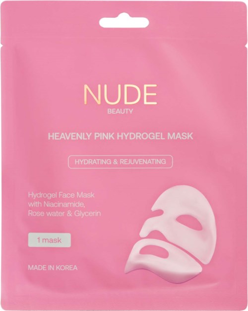 Rosa emballasje for en hydrogel ansiktsmaske som inneholder niacinamide, rose water og glycerin, laget i Korea.