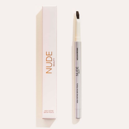 Valkoinen kynä mustalla kärjellä ja valkoinen rasia oranssilla tekstillä "NUDE BEAUTY" ja "HIGH DEFINITION BROW PENCIL."
