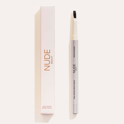 Kulmakyniä lyöpiä ja valkoinen ja harmaa pakkaus, jossa lukee "NUDE Beauty" ja "High Define Brow Pencil."