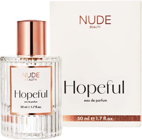 En parfyllåda märkt 'Hopeful' bredvid en vit låda med röd och svart text. Parfymen är 50 ml.
