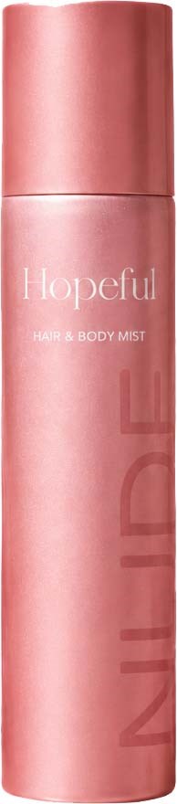 Rosa sylindrisk flaske for hår- og kroppsspray med ordet Hopeful og merkevarelogo.