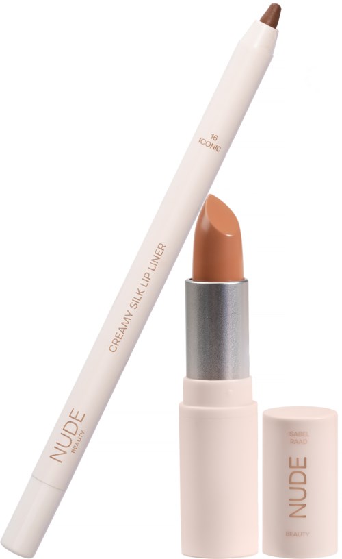 Ein lippenkonturstift in Bleistiftausführung und ein beiges Lippenstift mit Deckel, mit der Beschriftung NUDE, sind abgebildet.