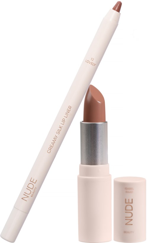 En läppstift med en ljus beige nyans och ett vitt penneliknande verktyg, märkt "NUDE" och "OCEAN SKIN LIP LINER."