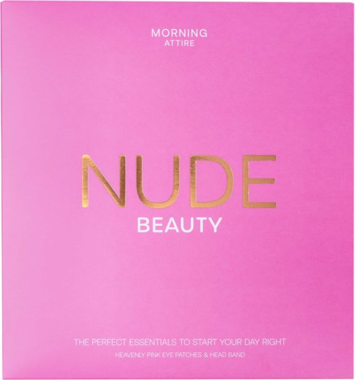 Roze verpakking met gouden en witte tekst die oogpatches en hoofdband promoot voor ochtendbeauty.