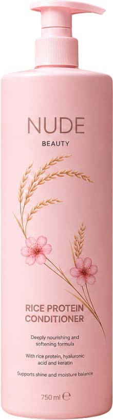 Rosa Flasche mit Rice-Protein Conditioner mit Pumpe, Etikett zeigt NUDE beauty und Risengrün-Illustrationen.