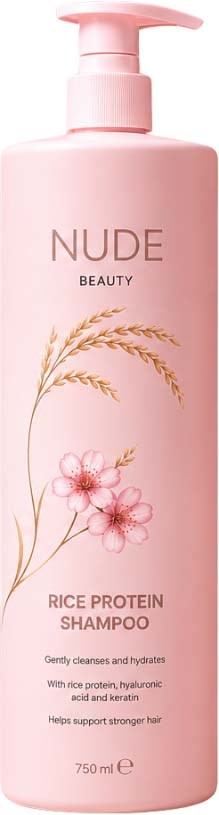 Eine rosa Flasche Nude Beauty Rice Protein Shampoo mit Pumpkopf, verziert mit Weizen und rosa Blumen, 750 ml.