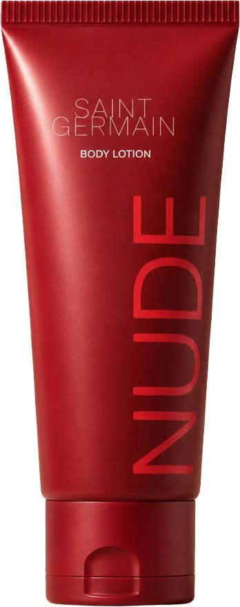 Rote Tube mit Saint Germain Nude Body Lotion, minimalistisches Design und markante Markenaufschrift.