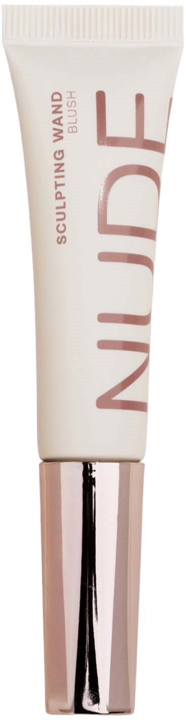 En tube med NUIDE Sculpting Wand med en blank, metallisk hatt og beige emballasje. Den har merkenavnet og produktdetaljer.