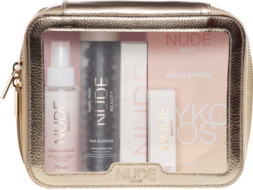 A clear cosmetic bag with gold edges holds skincare and perfume bottles and boxes inside.