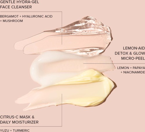 Drei Hautpflegeprodukte mit Zitronen, Hyaluronsäure, Maske, Feuchtigkeitscreme und Kurkuma, als Cremes und Gele.